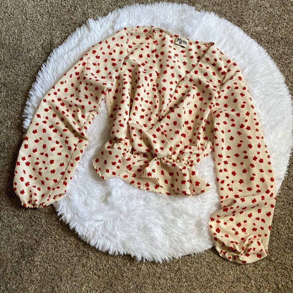 Show Me Your Mumu Floral Top Deep Plunge Front Cream Red Elastic Bottom Size XS - Picture 1 of 10